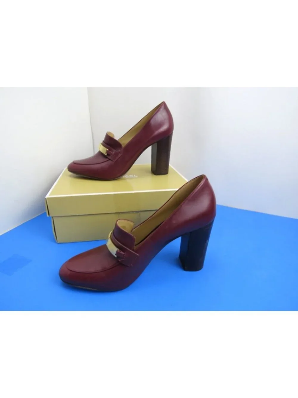 Michael Kors Leather Sheila Merlot Burgundy Mid Loafer Pumps Block Heel 10